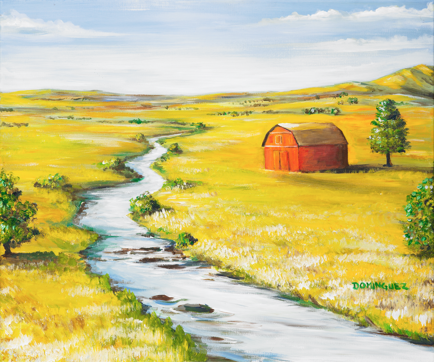 A peaceful landscape painting of a rural scene with a narrow winding river flowing through golden fields, a red barn with a brown roof, and a large green tree on the right side. The sky is mostly cloudy with patches of blue, and mountains are visible