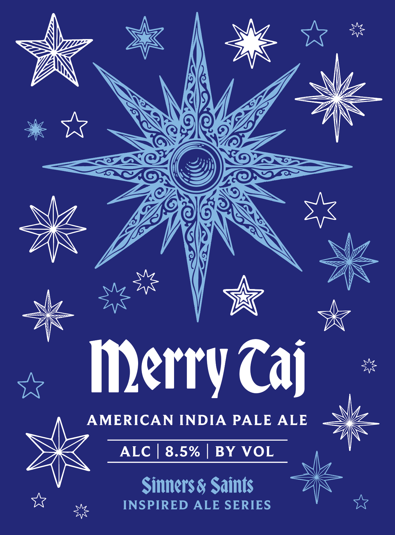 Blue beer label for Merry Caj American India Pale Ale featuring a large decorative star and smaller stars, with text indicating 8.5% alcohol by volume and the brewery Siners & Saints.