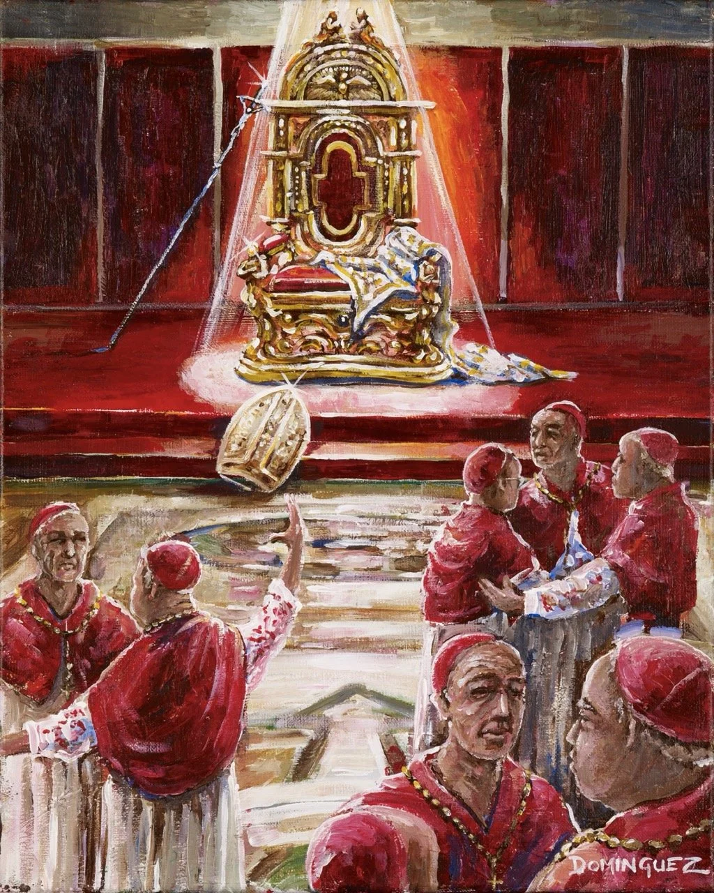 A painting depicting a royal throne on a stage with red curtains in the background. Several figures dressed in red robes and hats are in the foreground, engaged in conversation and gestures, with one person raising a hand. The throne and figures sugg