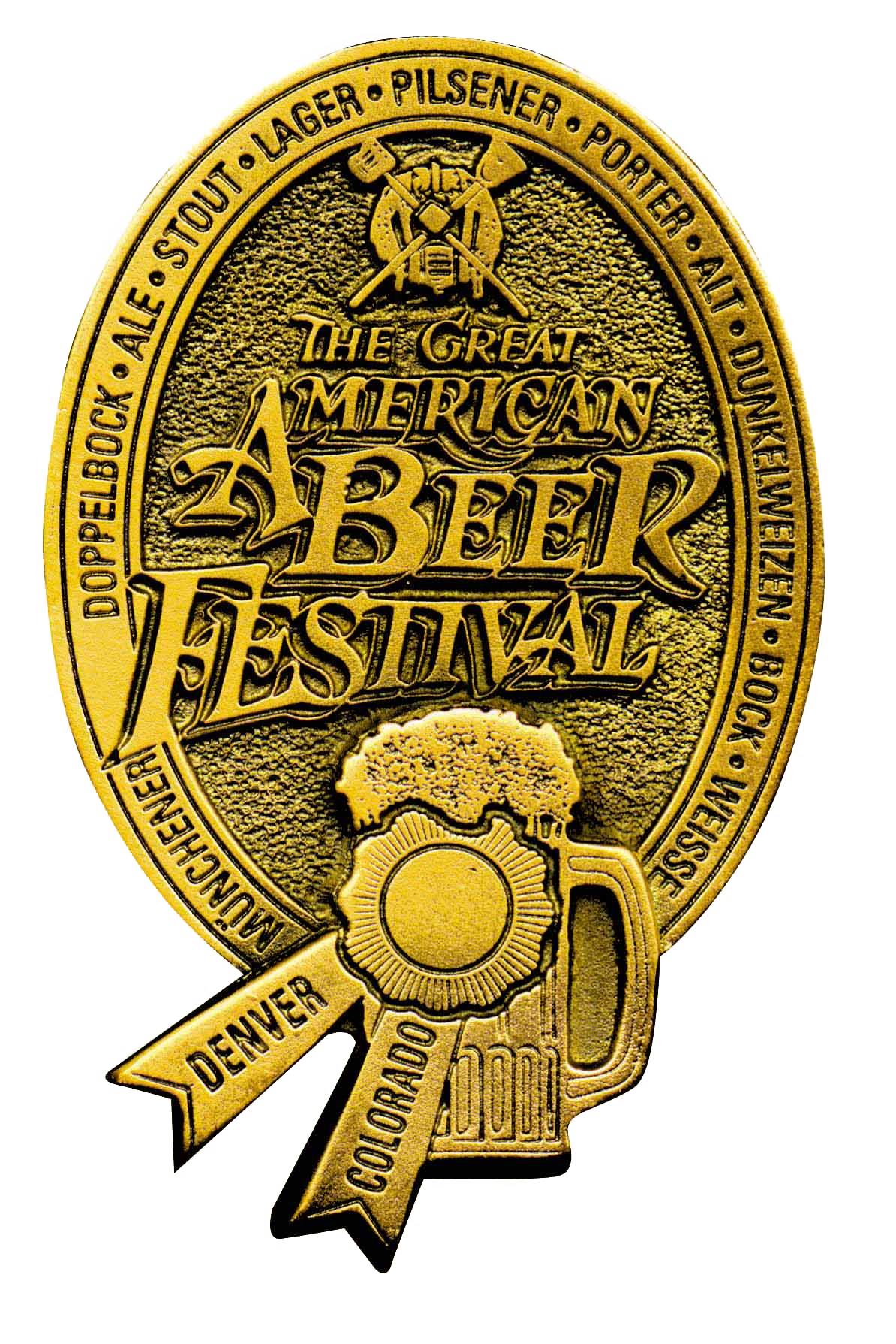 Gold-colored medal or badge for the Great American Beer Festival, featuring a beer mug with foam and a ribbon with 'Denver, Colorado' on it, and text listing various beer styles.
