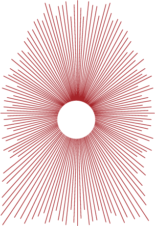 Black circle with red radial lines emanating outward against a black background, creating a sunburst pattern.