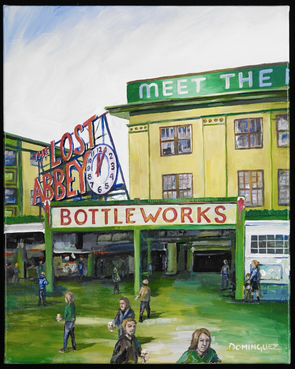 Colorful painting of the Los Angeles Bottewoks building with a large sign and clock, featuring people walking on the green grass in front.