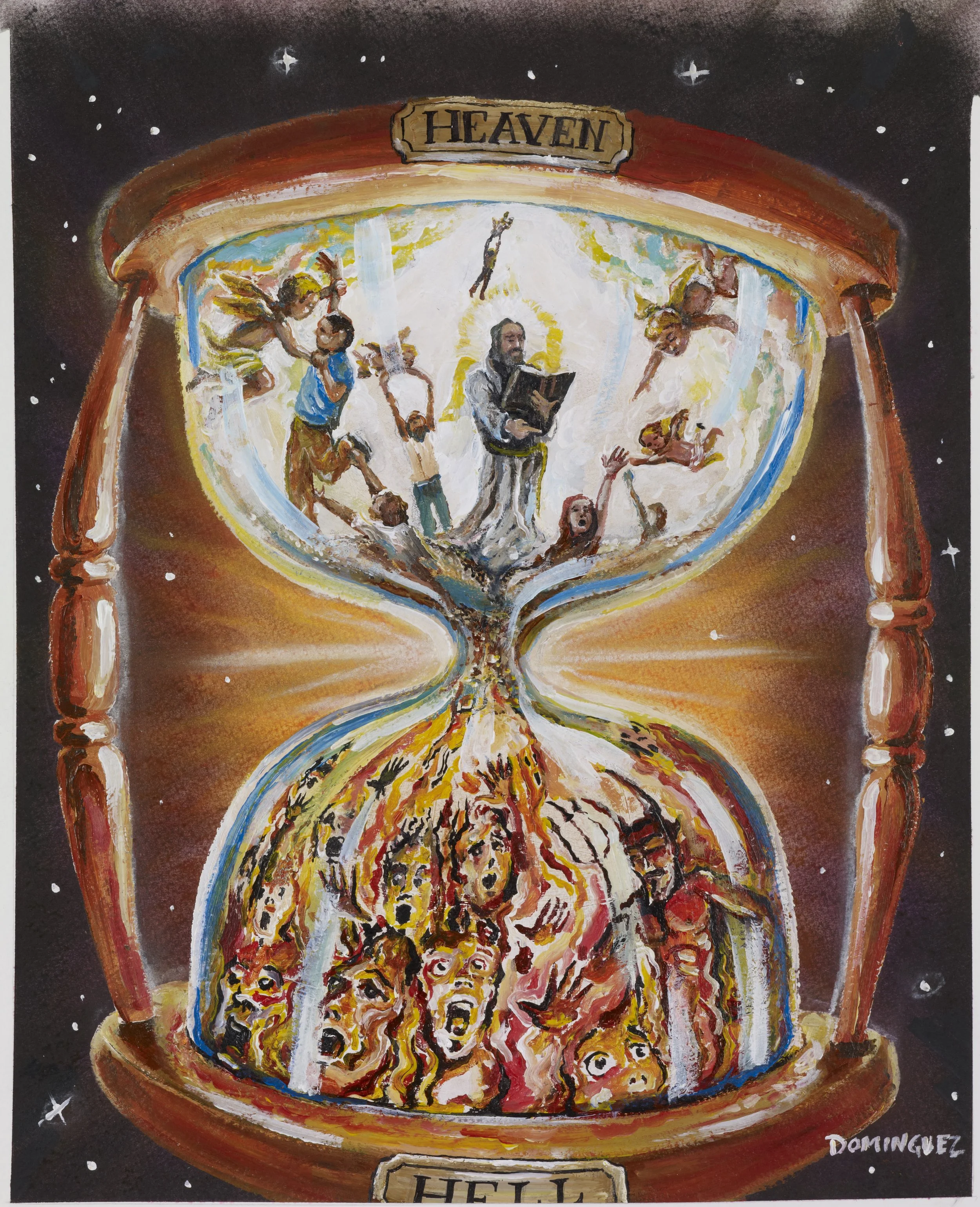 Painting of an hourglass with religious imagery showing heaven at the top and hell at the bottom. The top features angels and saints with a man reading a book, representing heaven. The bottom depicts screaming, tormented faces symbolizing hell.