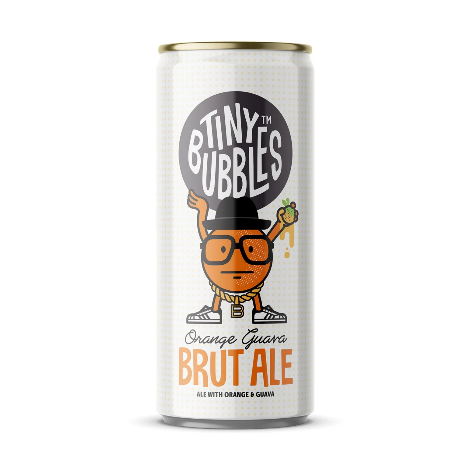 A can of Tiny Bubbles Orange Guava Brut Ale with cartoon design of an orange character wearing glasses, a black hat, and sneakers, holding a fruit in one hand, and the label indicating it's an ale with orange and guava flavors.
