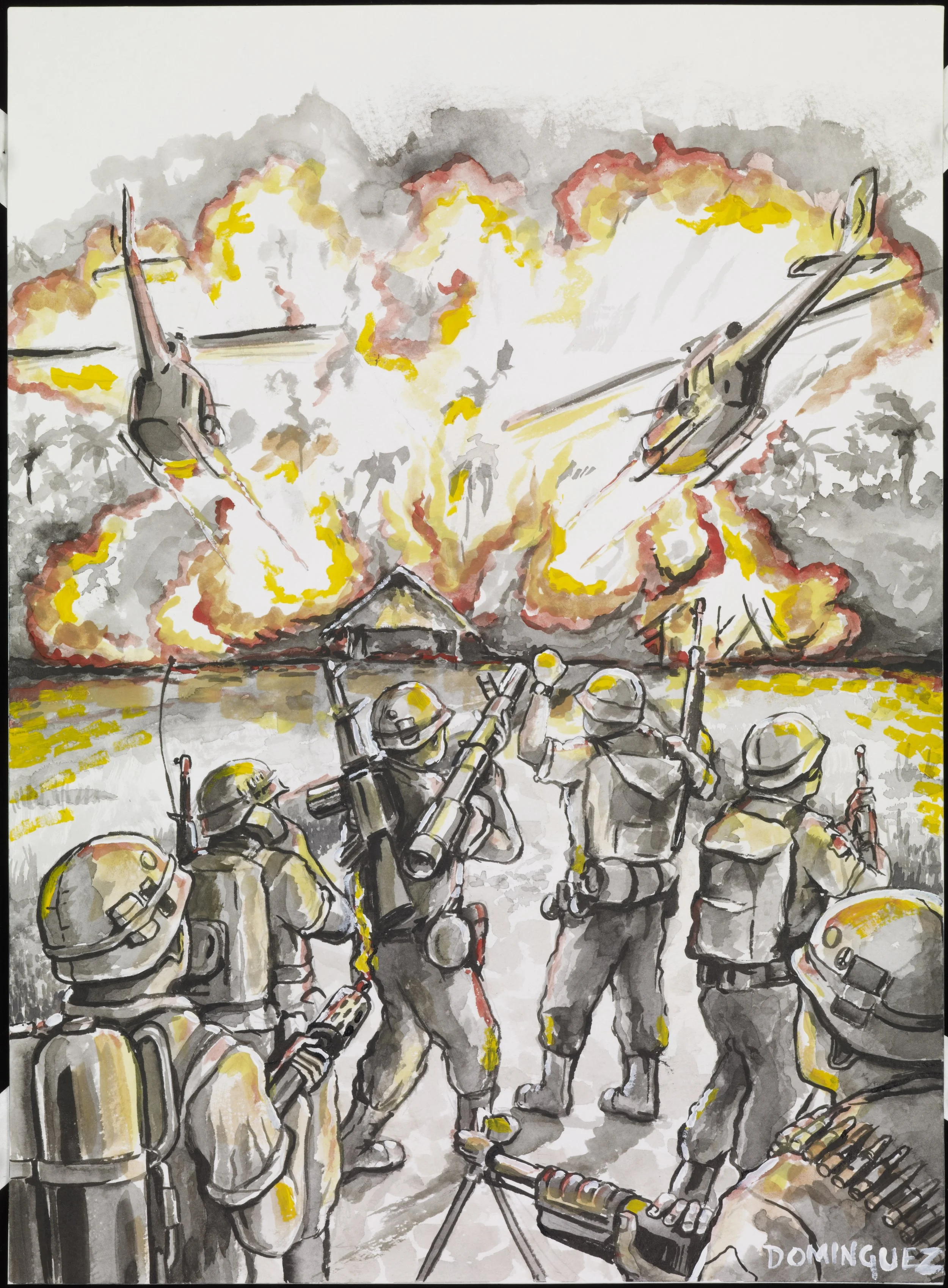 Drawing of military soldiers with helmets and equipment firing at two helicopters exploding in the sky.