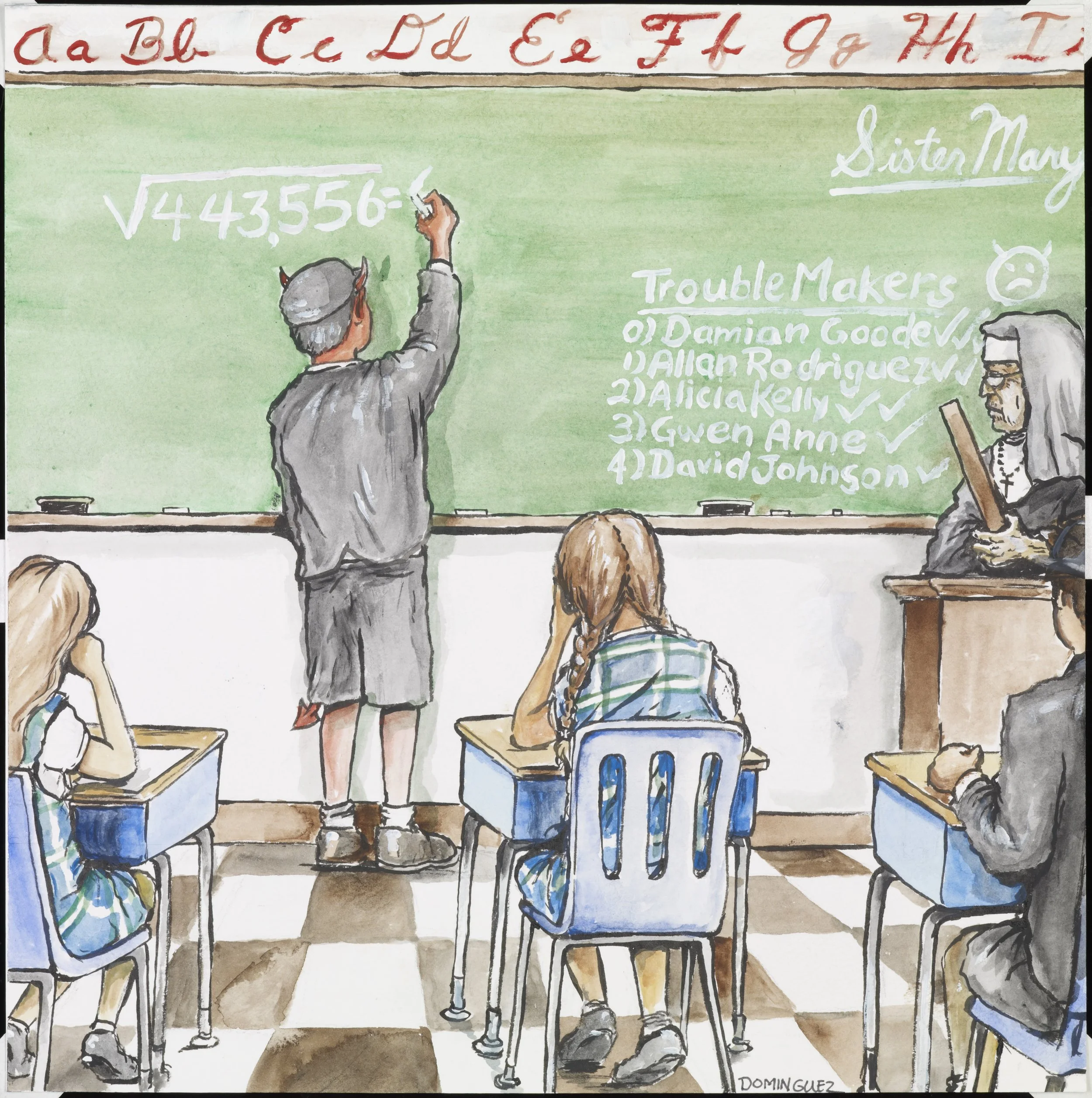 A classroom scene with a teacher writing a math problem on the green chalkboard, students sitting at desks, and an older nun with a book. The chalkboard displays a square root calculation and a list of names titled 'Trouble Makers'. The wall above ha