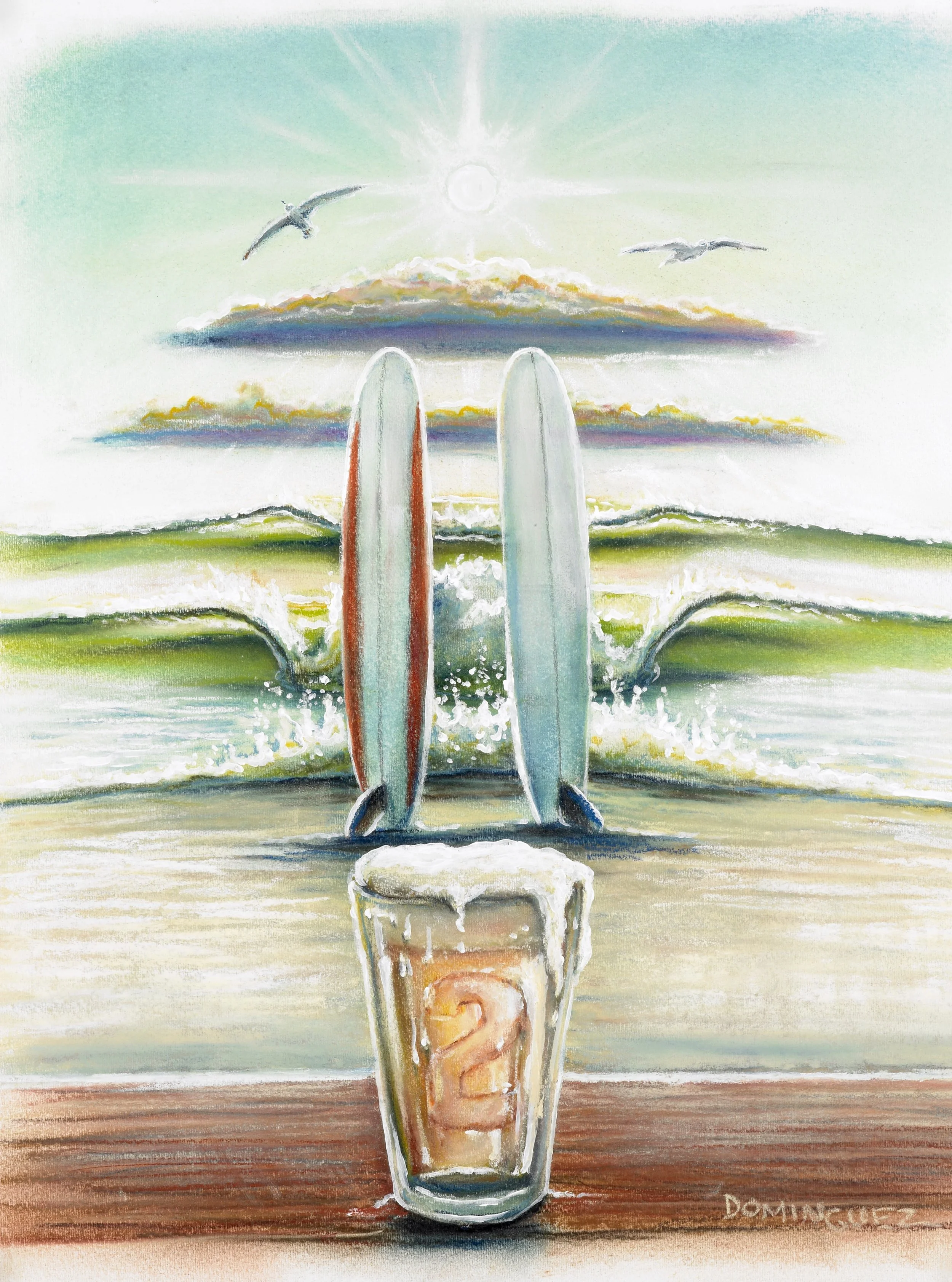 Colorful painting of a surfing scene with two surfboards standing upright in the sand, a pint glass with a question mark symbol in the foreground, waves in the background, seagulls flying near the sun, and a bright sky with clouds.