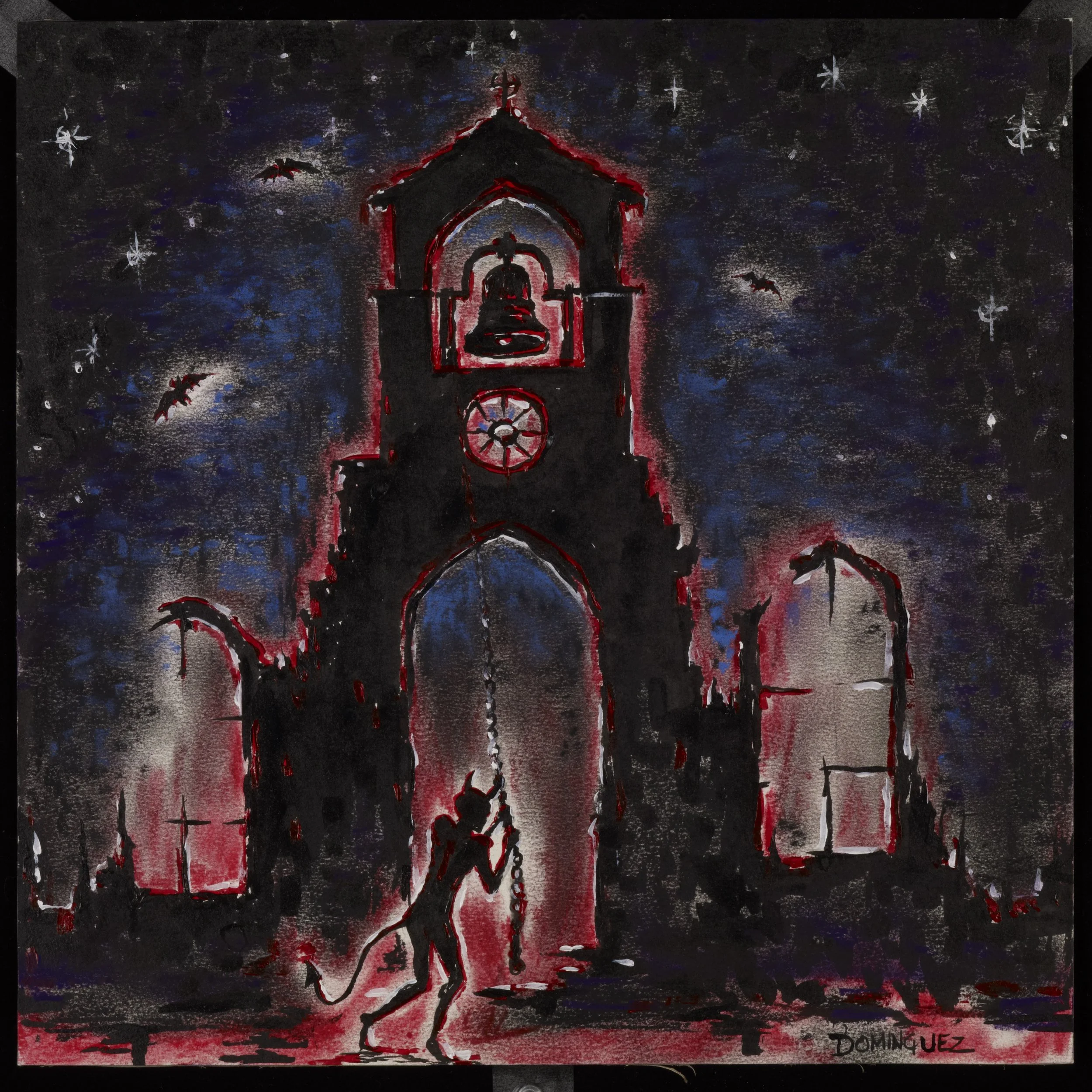 Dark depiction of a church with a bell tower, surrounded by bats in the night sky, with a devil-like figure in the foreground pulling a chain.