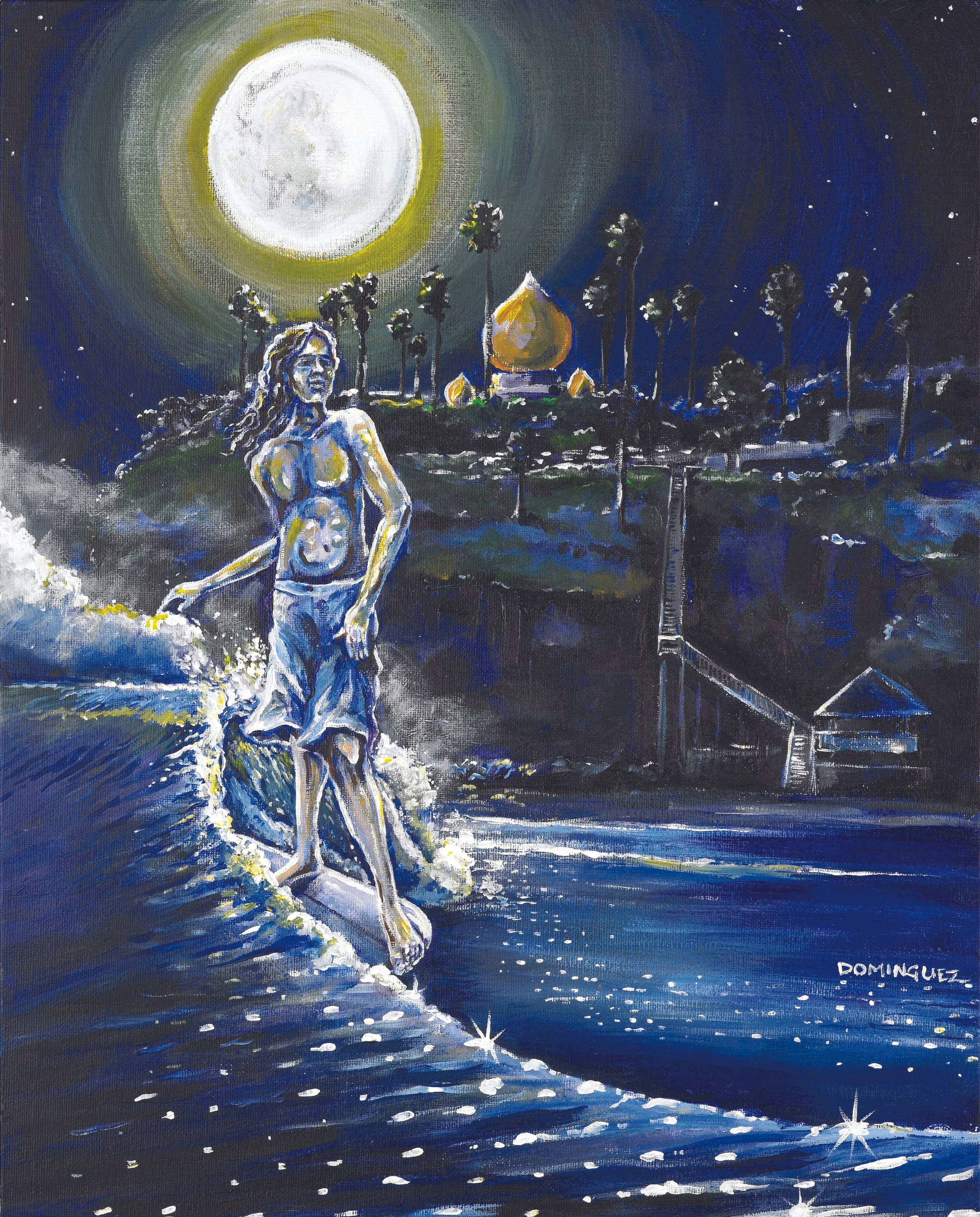A painting depicting a woman surfing on a wave under a bright full moon at night, with a cityscape and a temple with a golden dome in the background, illuminated by moonlight.