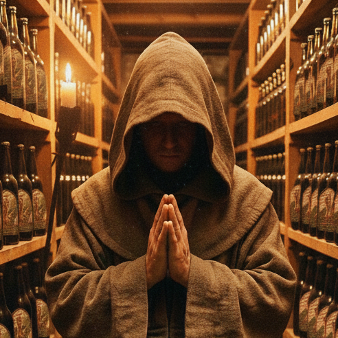 Person in a brown hooded cloak with hands joined in prayer, standing in a dimly lit aisle with bottles on shelves.