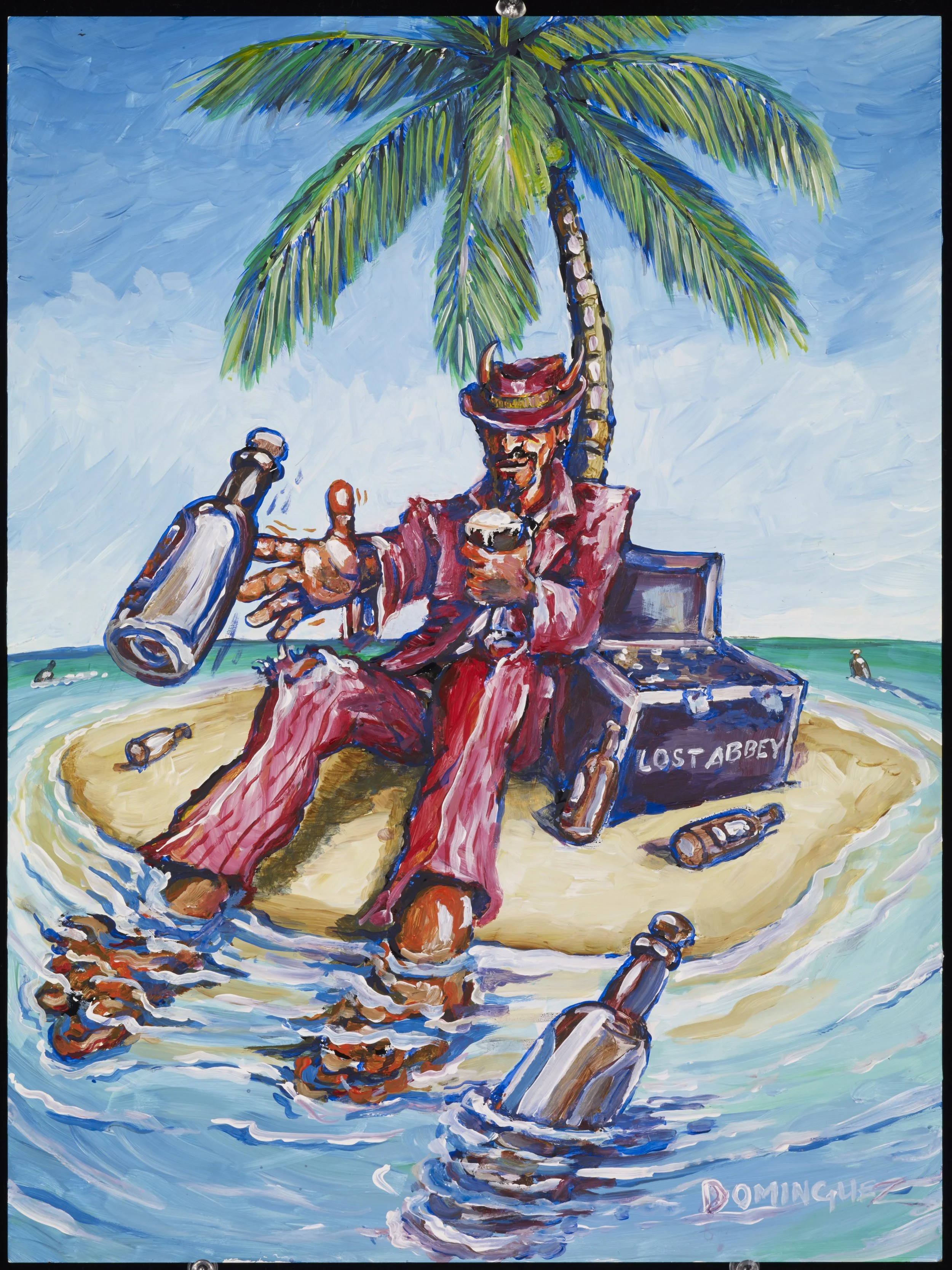 A man in a red suit and hat sitting on a small tropical island with a palm tree, surrounded by ocean water. He is holding a drink and a bottle, with bottles scattered around him. The chest nearby has the words 'LOST ABBEY' written on it. The scene ha