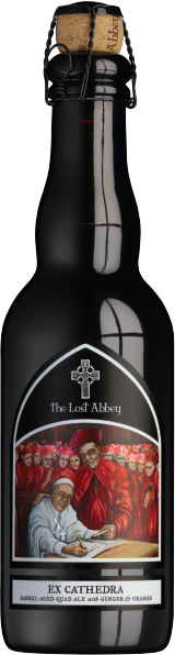 A black glass bottle with a cork, featuring a label depicting a painting of a historical scene with people in red robes, associated with The Lost Abbey brewery.