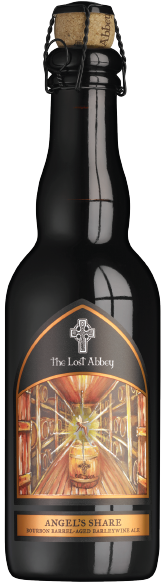 Beer bottle with black label and cork top, featuring artwork of a glowing angel's share symbol and a scene of a library or vault with wooden shelves.
