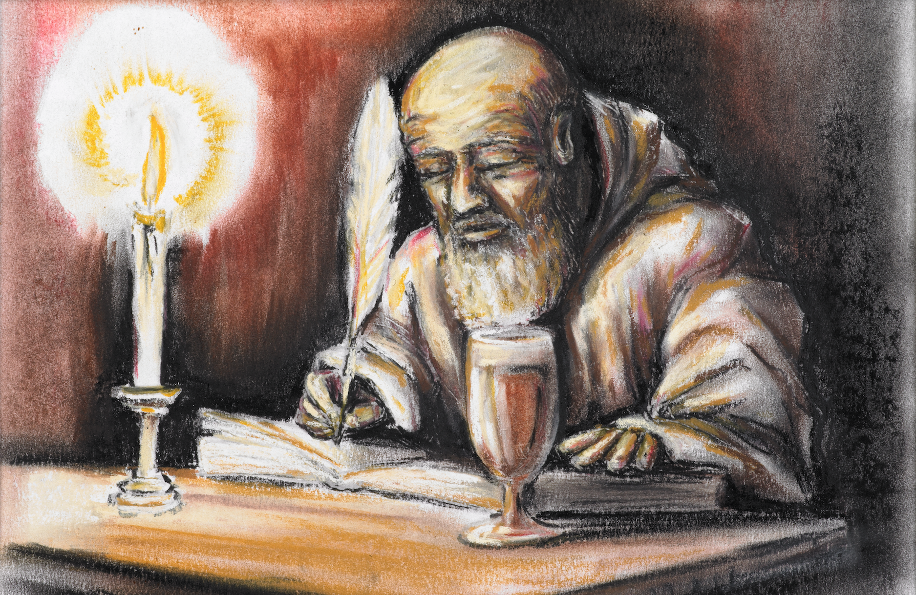 A black and white pastel drawing of a bearded man writing with a quill pen at a table illuminated by a lit candle.