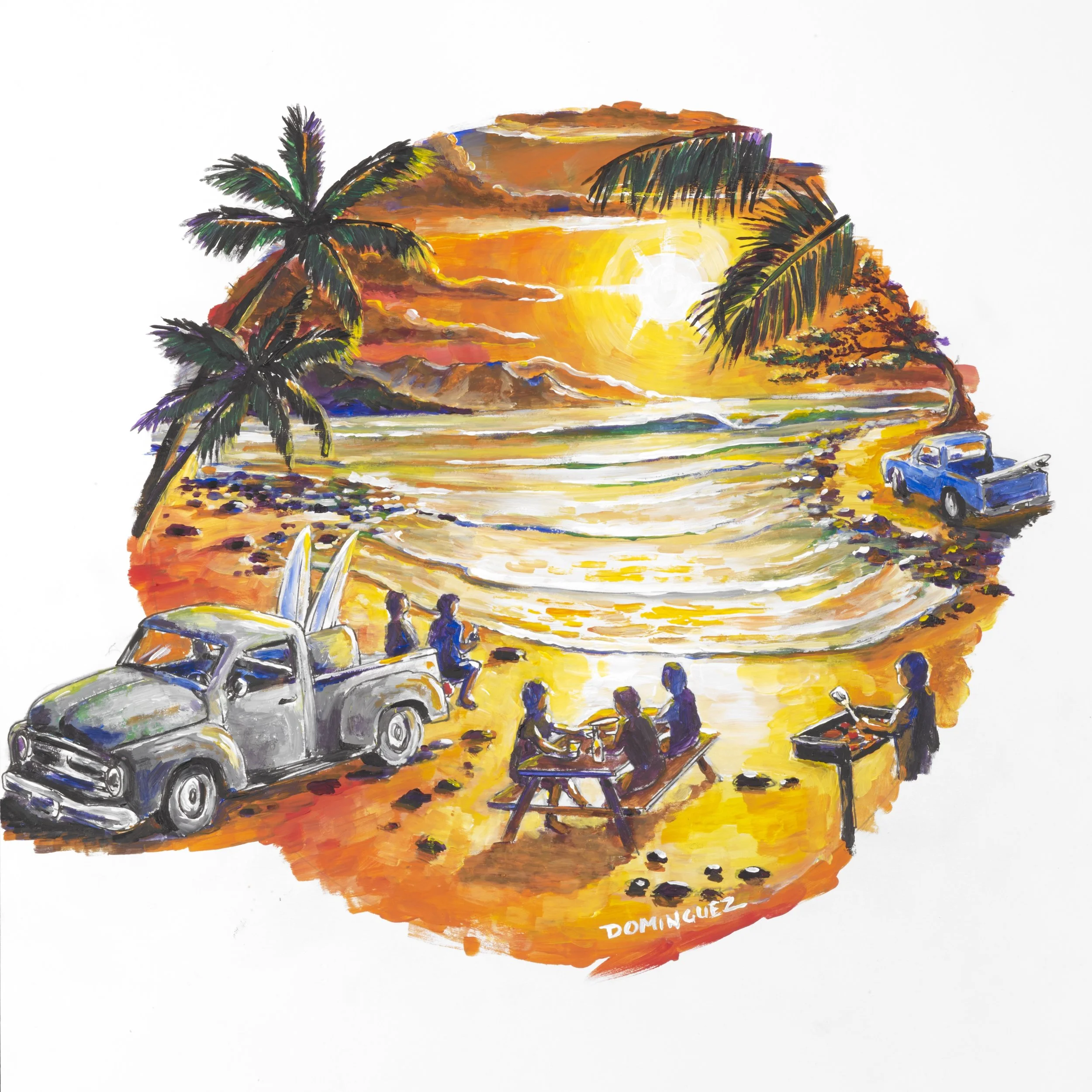 Painting of a tropical beach at sunset with palm trees, a vintage truck with surfboards, people sitting at a picnic table, and a person grilling. The scene depicts leisure and relaxation with colorful sky and ocean waves.