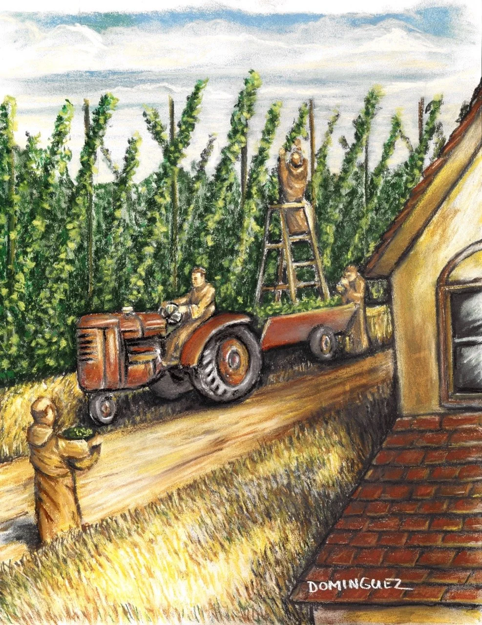 Painting of a vineyard with grapevines and a tractor pulling a trailer. Three workers are harvesting grapes, with one standing on a ladder. A house with a red-tiled roof is partially visible on the right. The scene depicts late summer or early fall.