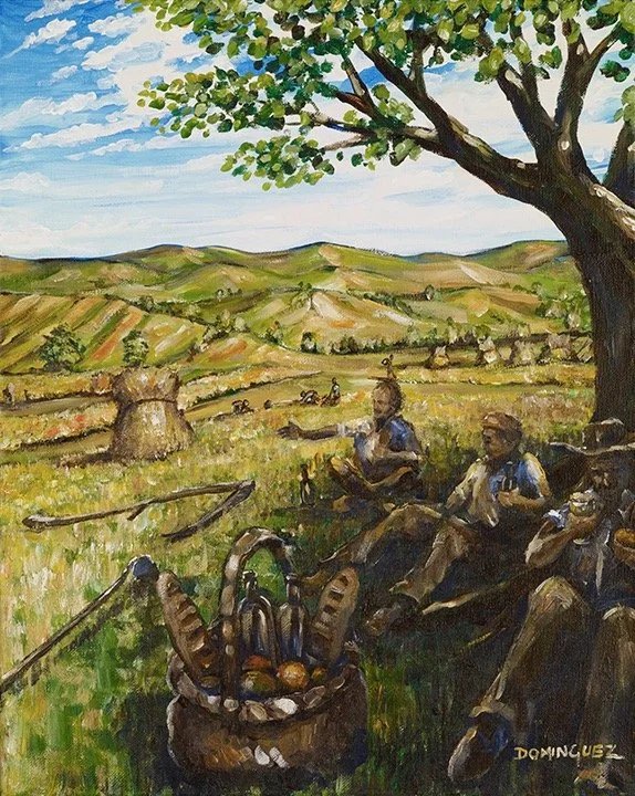 Painting of two people resting under a tree in a rural landscape with hills and scattered haystacks in the background, and a basket of fruits in the foreground.
