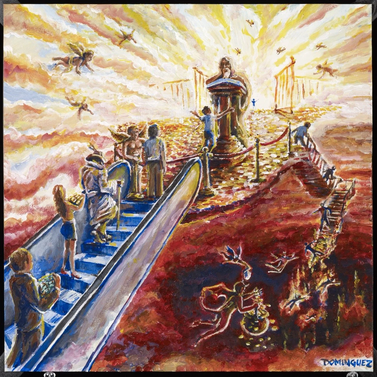 A colorful painting depicting a staircase leading upward through clouds and flames, with people ascending. At the top, there are angels and a larger figure, possibly a deity, with a radiant light behind. Below, various figures and mythological creatu