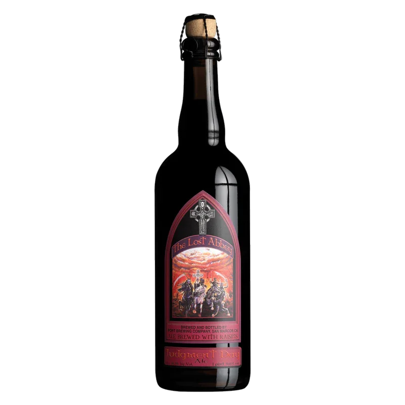 A dark glass bottle of Judgement Day ale with a colorful label featuring the biblical scene of The Lost Abbey beer, with a cork on top.