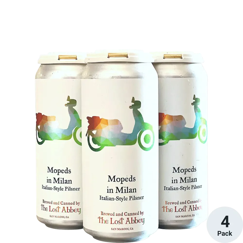 A 4-pack of canned Italian-style pilsner beer named 'Mopeds in Milan' by The Lost Abbey, featuring a colorful abstract moped graphic on the label.