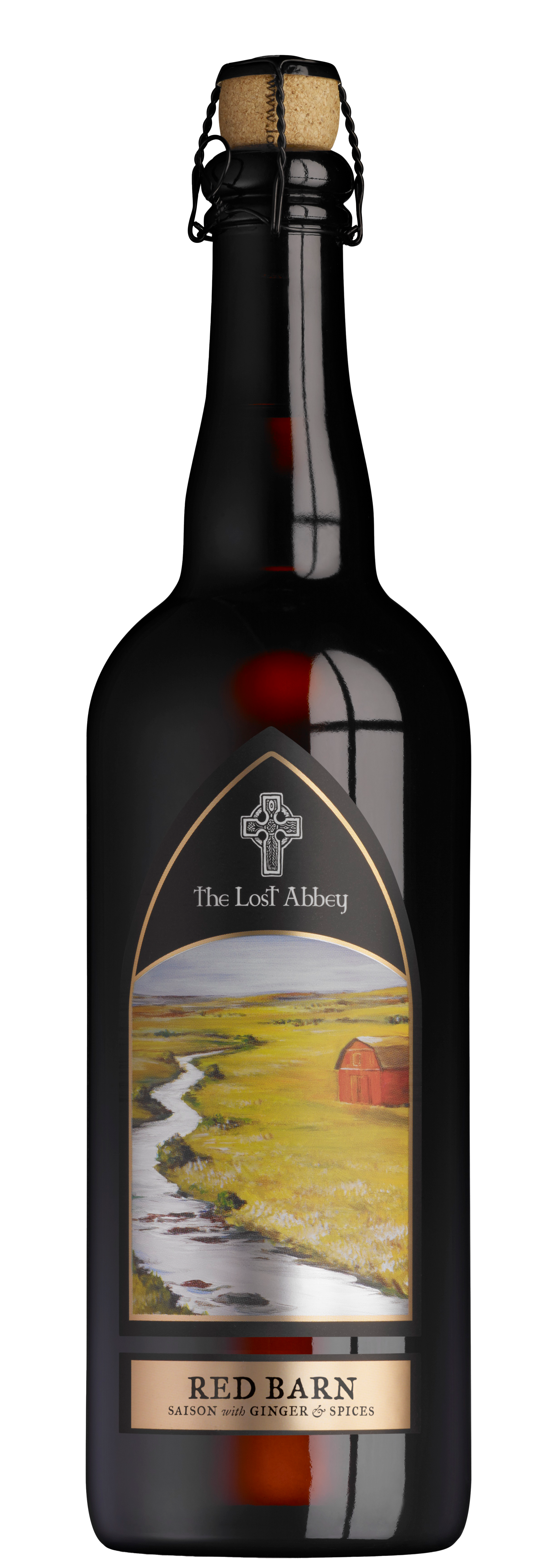 A dark glass bottle of Red Barn Saison beer with ginger and spices, featuring a label depicting a rural landscape with a river, fields, and a red barn, titled 'The Lost Abbey'.