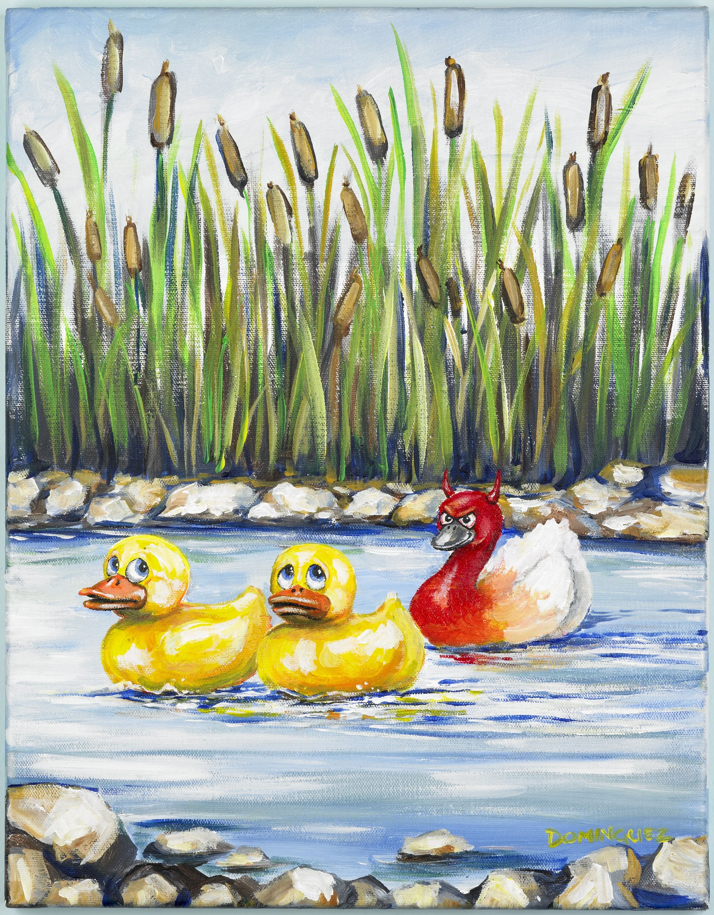 Painting of two rubber ducks and a swan with an angry face floating on a pond, with cattails and rocks in the background.