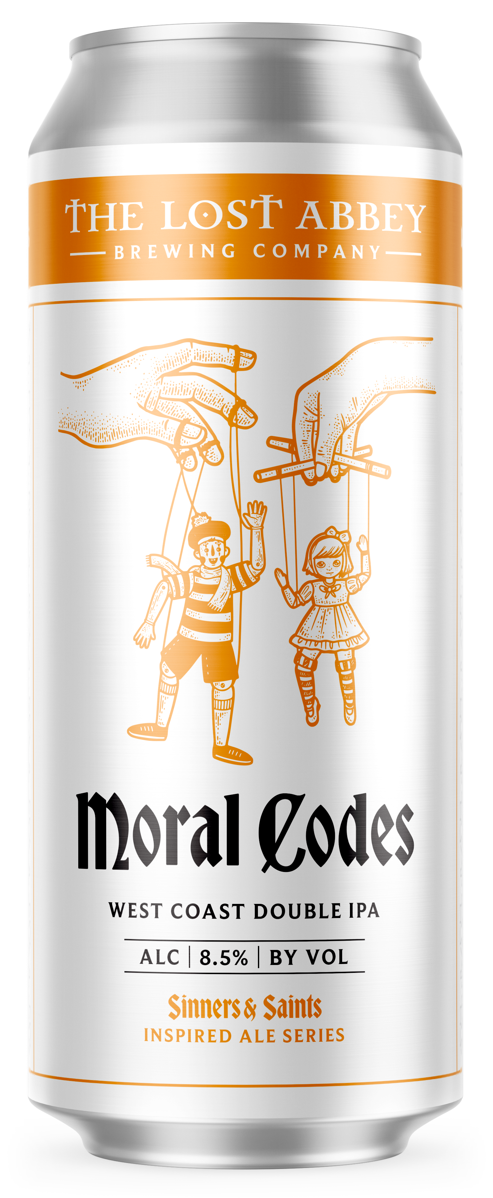 A can of West Coast Double IPA beer titled "Moral Codes" from The Lost Abbey Brewing Company, featuring an illustration of two puppets controlled by large hands, with the text indicating 8.5% alcohol by volume and placed in the Sinners & Saints Inspi