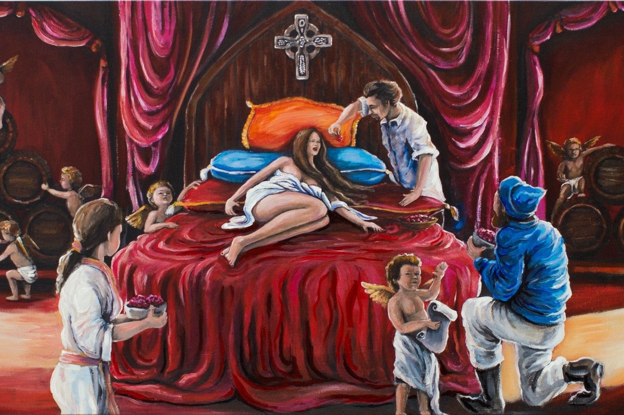 A painting depicting a woman lying on a bed with a man next to her, surrounded by small winged children. The scene takes place in a room with pink curtains, barrels, and a cross on the wall.