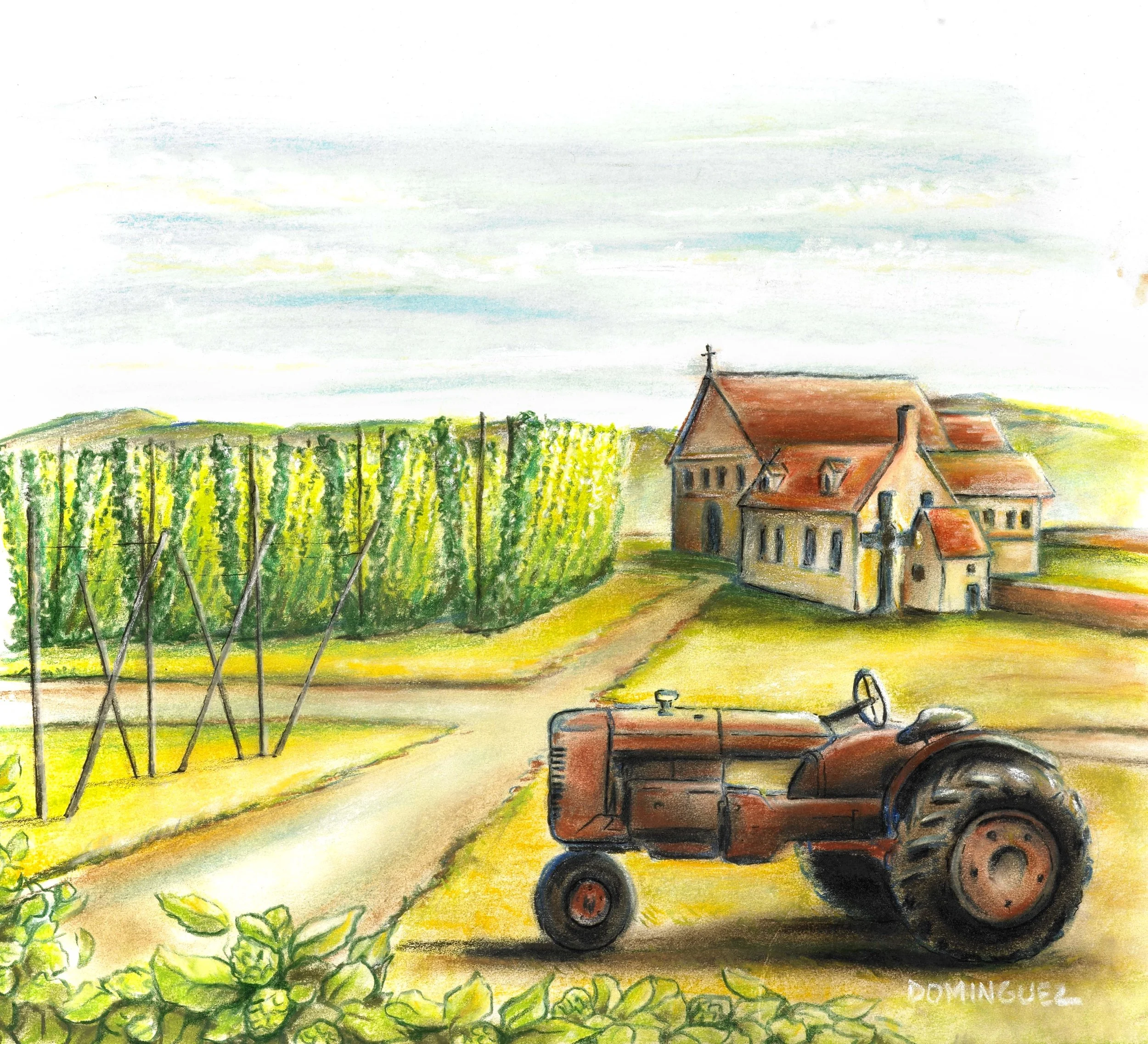 A watercolor painting of a rural scene featuring an old tractor on a dirt path, green vineyards with tall beans on the left, a church with a cross and red roof in the background, under a partly cloudy sky.