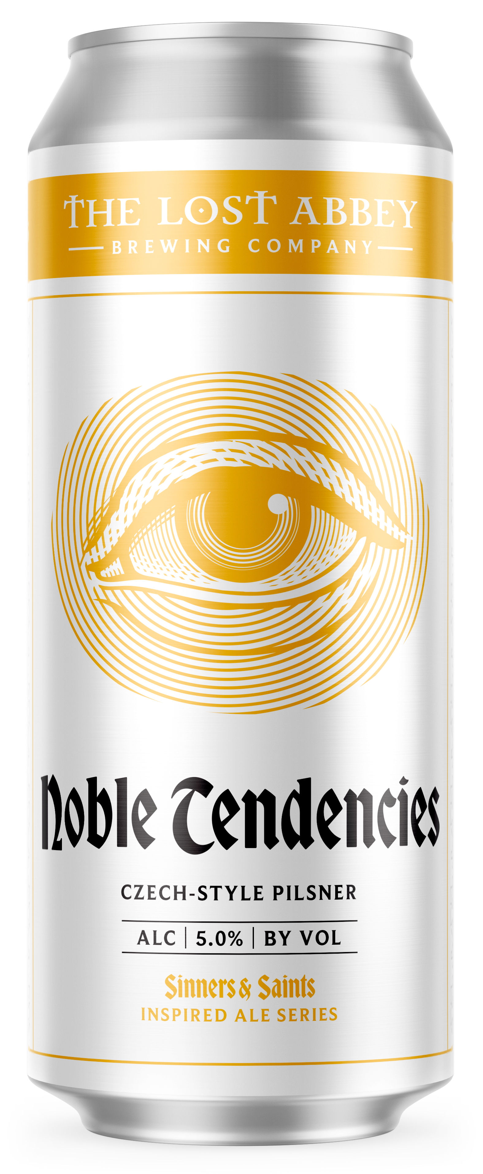 A silver can of Noble Tendencies Czech-style pilsner beer with a gold eye illustration and black and gold text.