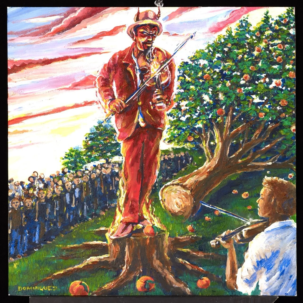 A painting depicting a large, muscular Uncle Sam figure standing on a tree stump, holding a rifle. A young child is playing a violin nearby, surrounded by fallen apples and an apple tree with ripe fruit. A crowd of people stands in the distance under