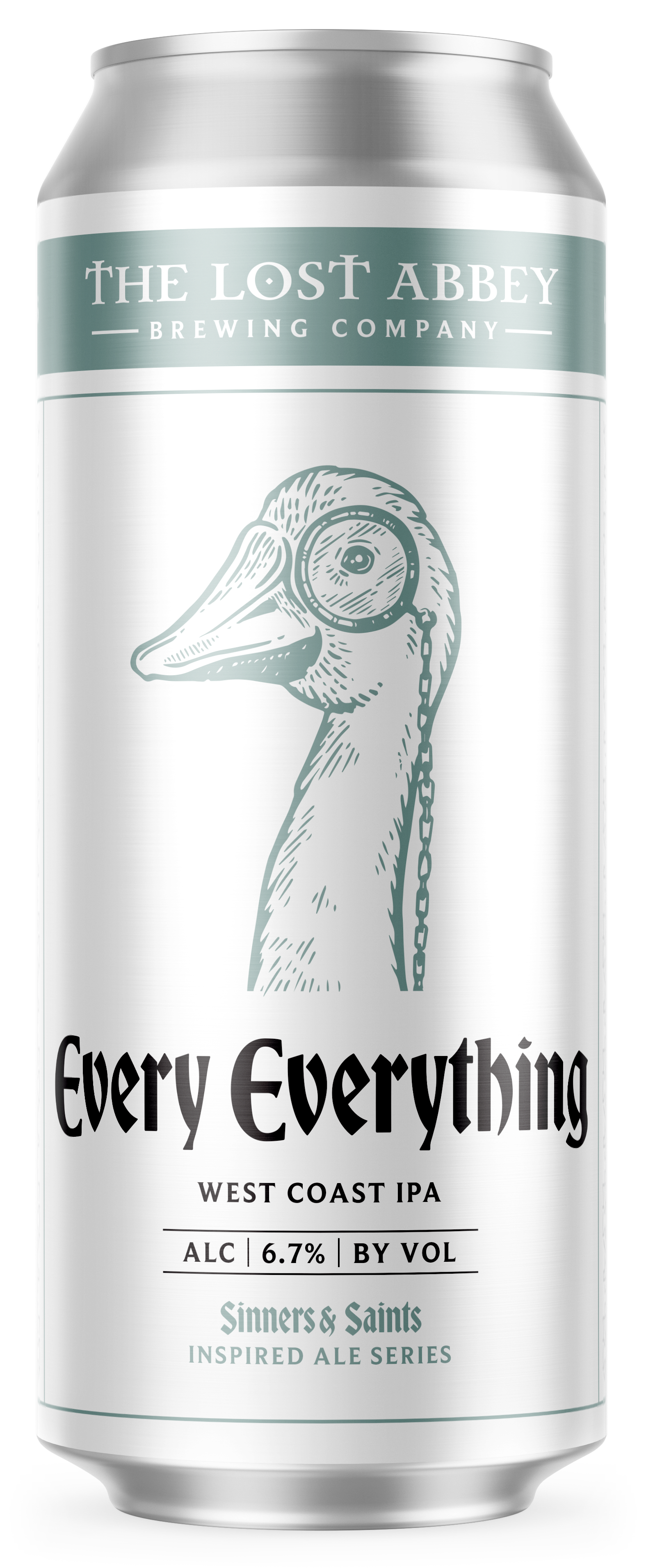 A can of beer from The Lost Abbey Brewing Company with a graphic of a goose wearing headphones, the name 'Every Everything,' and details about the West Coast IPA with 6.7% alcohol by volume.