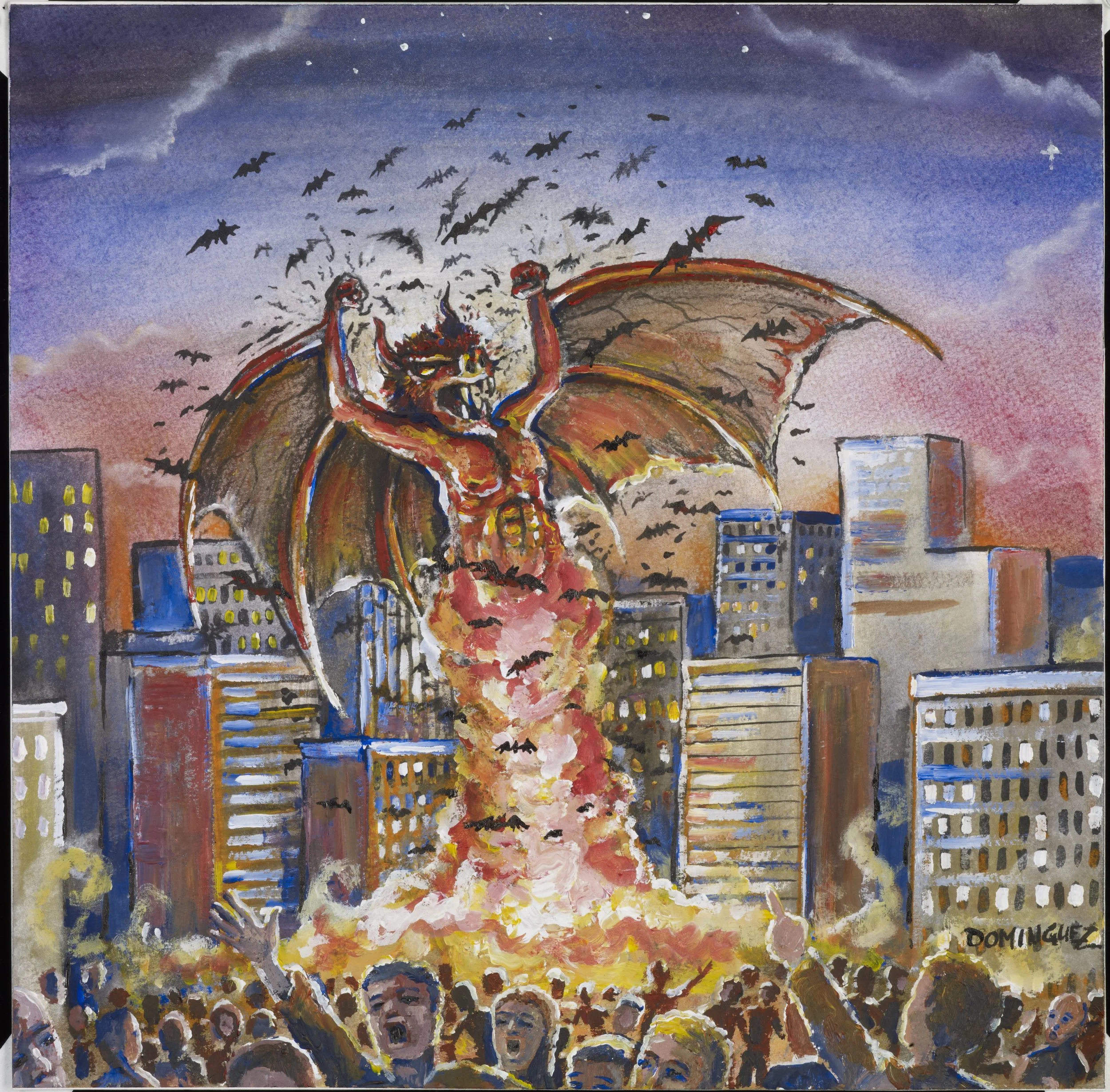 Painting of a giant dragon emerging from a skyscraper in a city, with flames and smoke, people on the street reacting with fear and surprise, and birds flying in the sky during sunset.