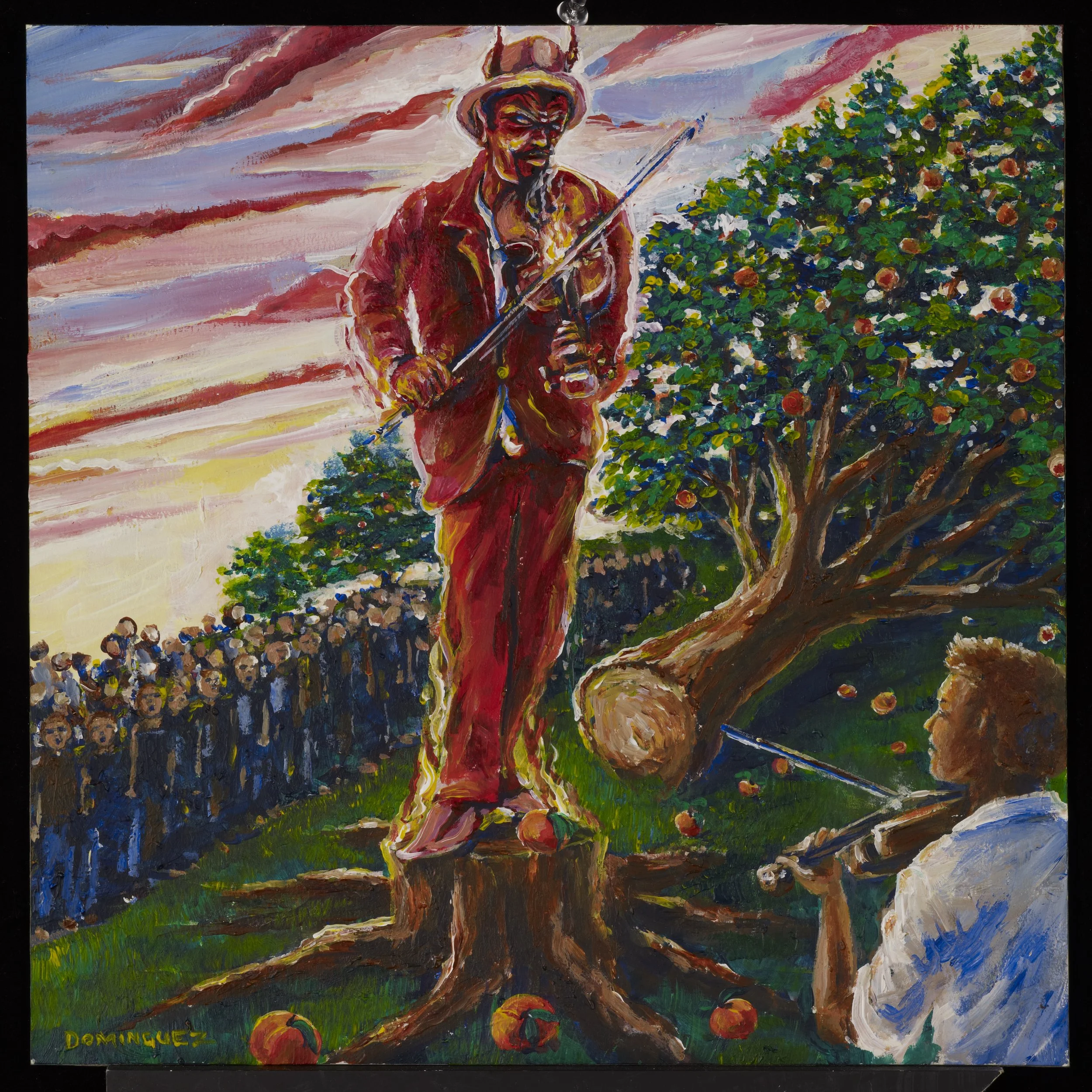 A painting of a man with a beard playing a violin on a tree stump, with a tree bearing oranges to the right, and a crowd of people in the background under a colorful sky.