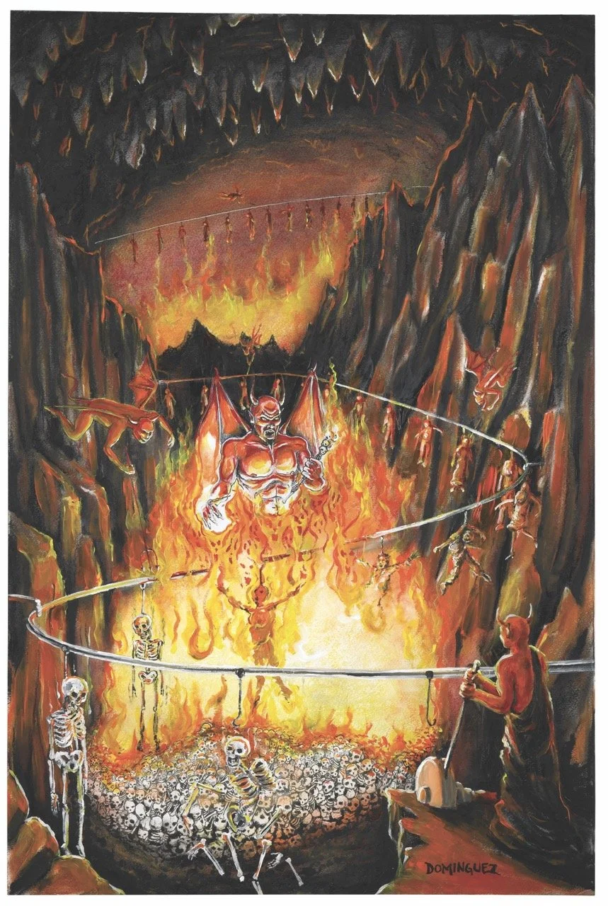 A painting depicts Hell with a giant demon looming over a sea of skeletons, flames, and fire. The cave is filled with hanging skeletons, skulls, and fiery figures, with a man standing on the right holding a tool amidst the chaos.