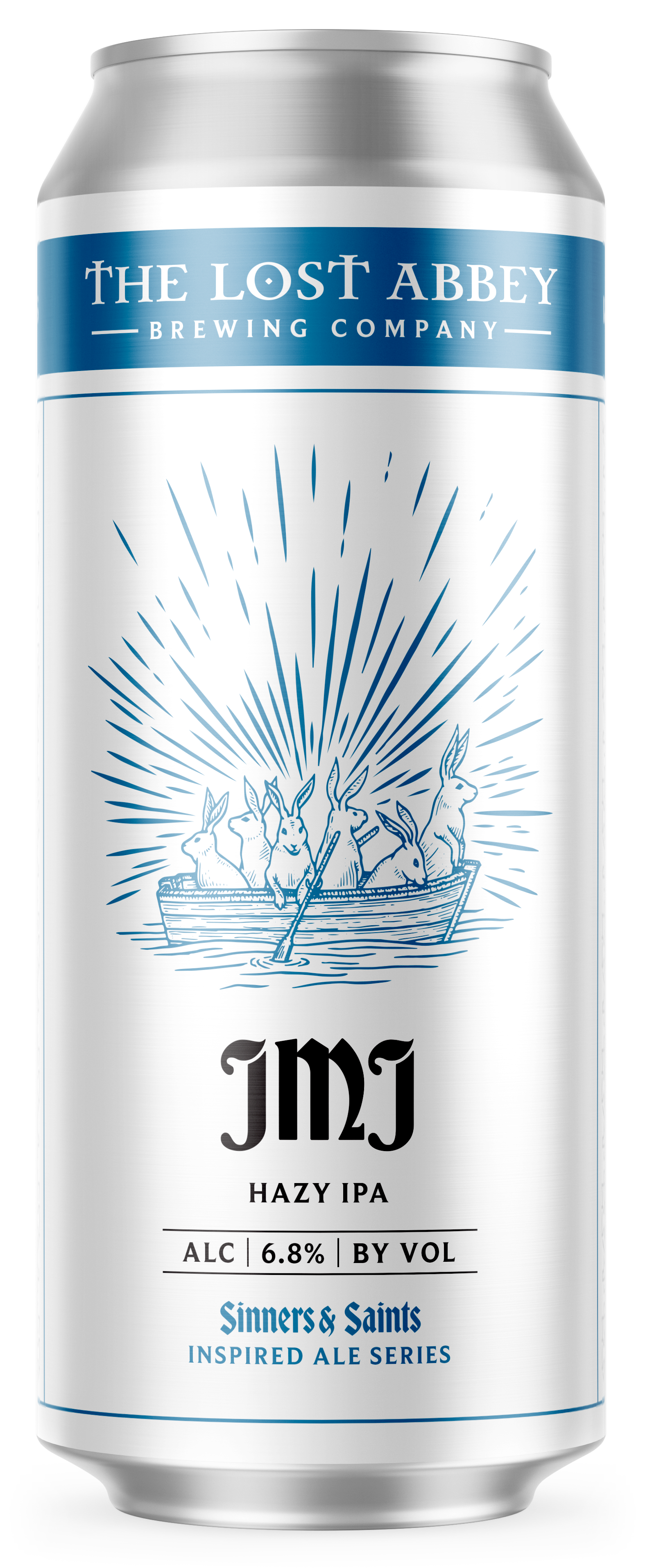A silver can of The Lost Abbey brewing company's JM Hazy IPA beer with a blue and white label featuring an illustration of rabbits in a boat.