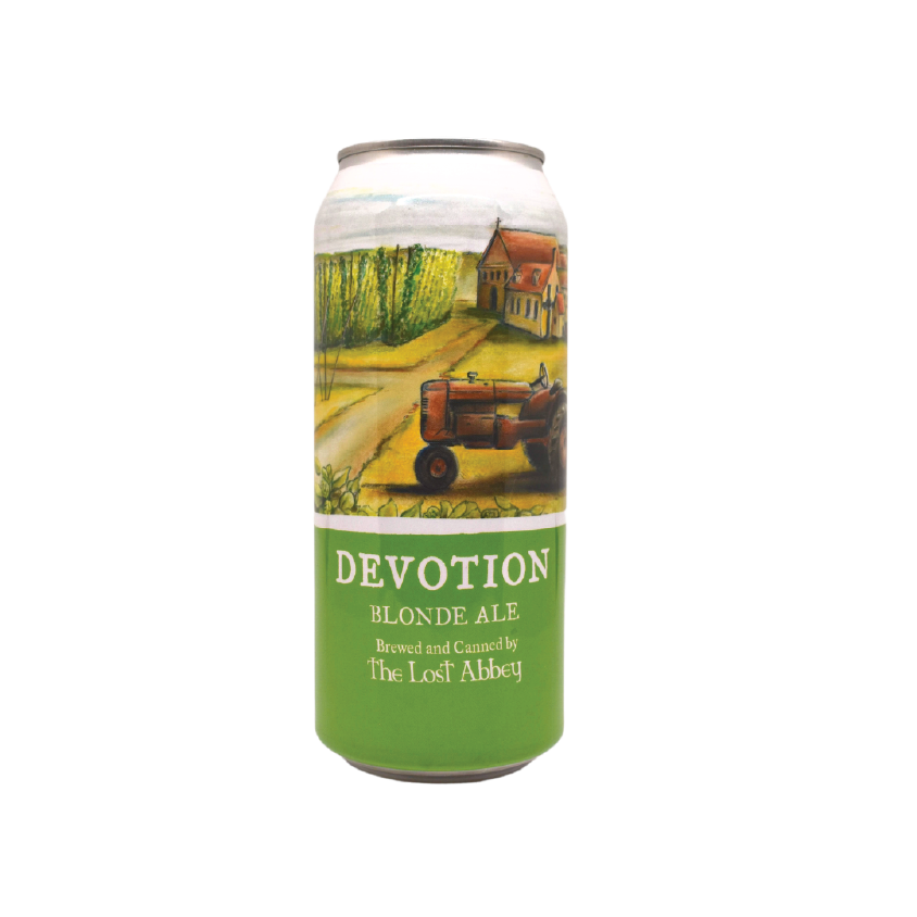 A can of Devotion Blonde Ale with an illustration of a countryside scene, including a tractor, trees, and a house, with a green label.