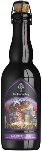A dark beer bottle with a purple and black label featuring a dragon and cityscape, labeled "Bat Out of Hell" from The Lost Abbey.