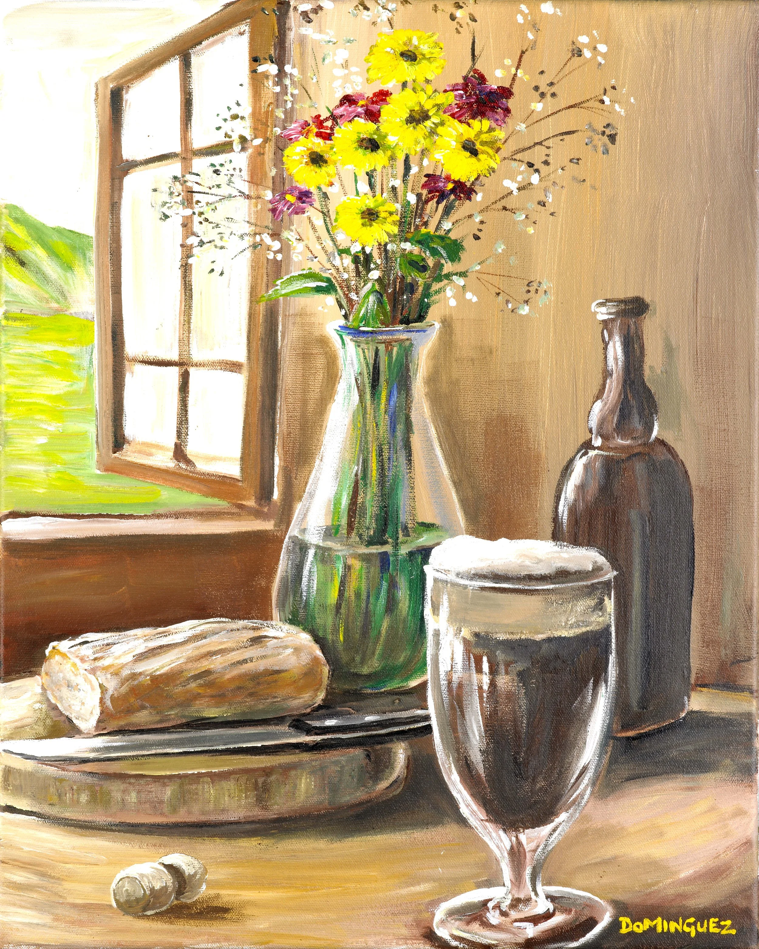 Painting of a kitchen scene with a window, a vase of yellow and pink flowers, a loaf of bread on a plate, a glass of dark beverage, and bottles on a wooden surface, signed 'DOMINGUEZ' in yellow.
