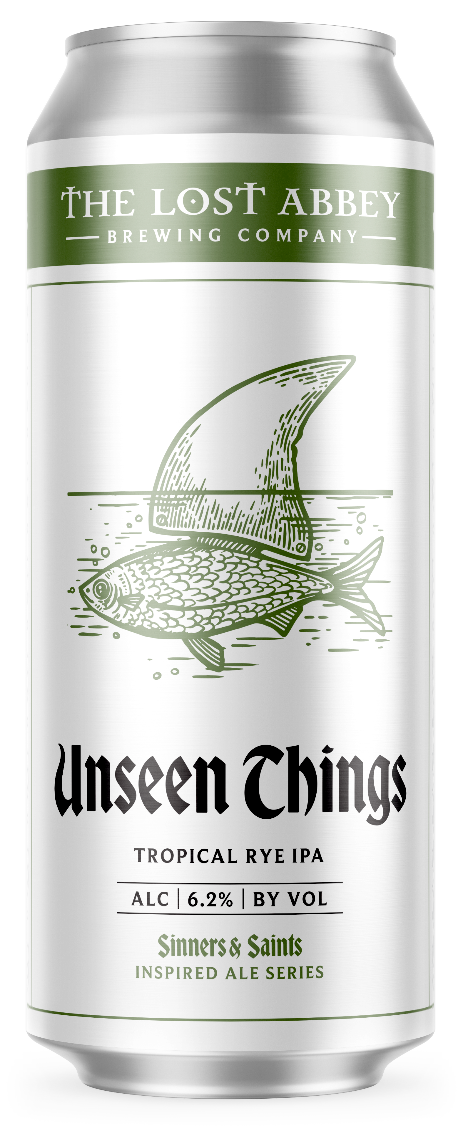 A can of Unseen Things Tropical Rye IPA beer by The Lost Abbey Brewing Company with a design of a fish with a sail for a fin and the brand name and details on the label.
