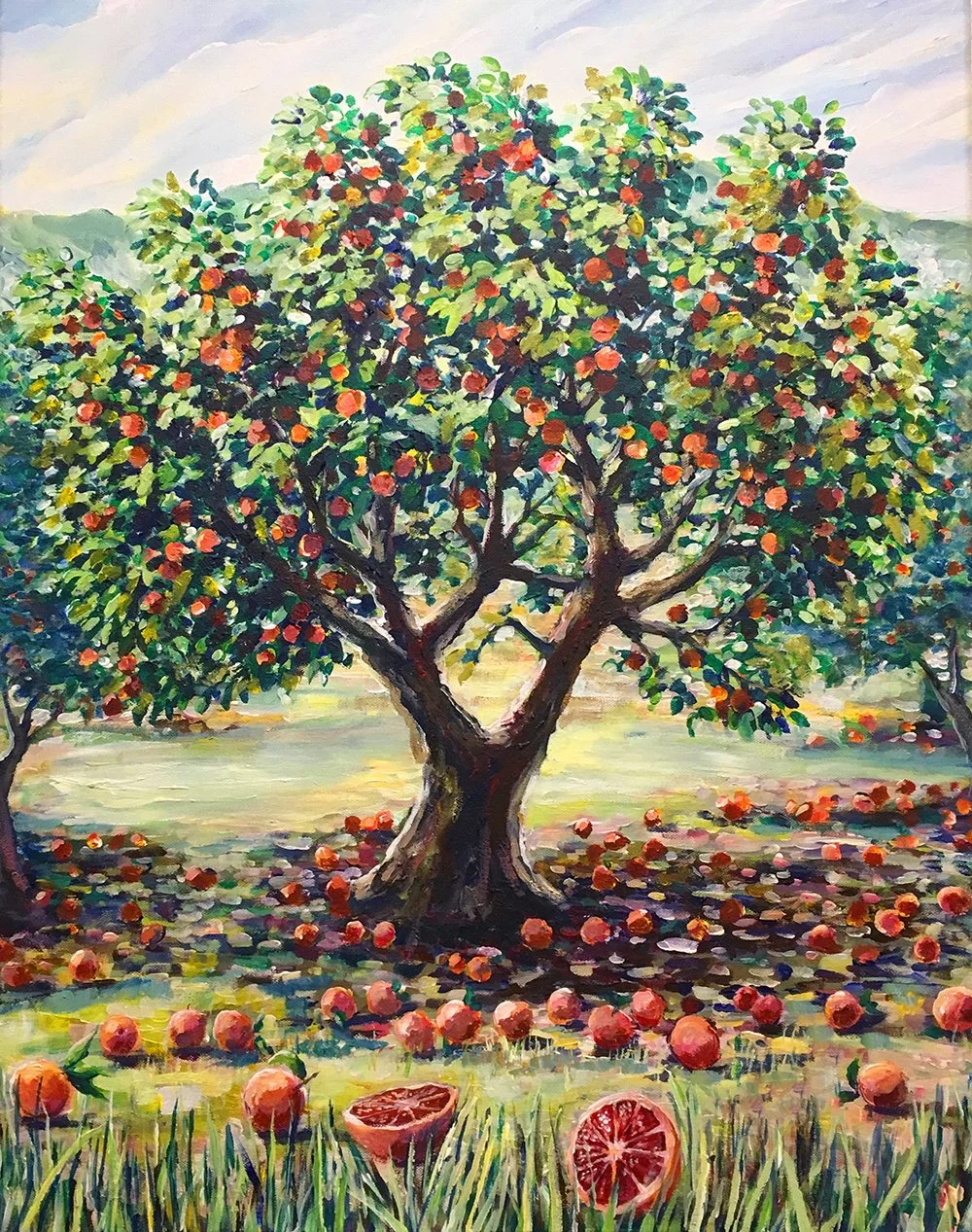 A colorful oil painting of a fruit tree with ripe oranges, with fallen oranges on the ground and sliced oranges in the foreground, set in a lush green landscape.