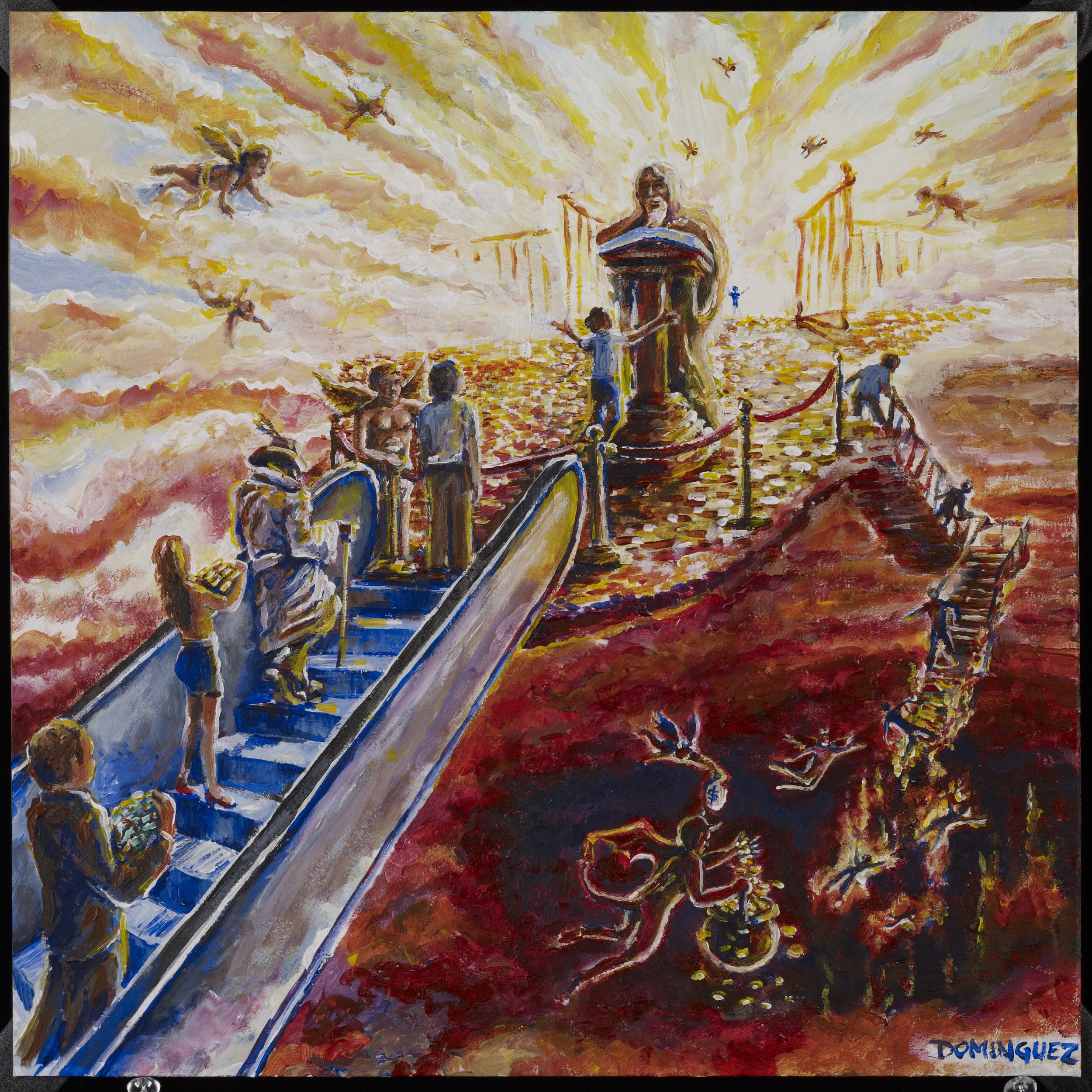 A colorful painting depicting people ascending stairs toward a bright, radiant figure or monument in a celestial setting with angels flying in the sky above and fiery, infernal creatures below.