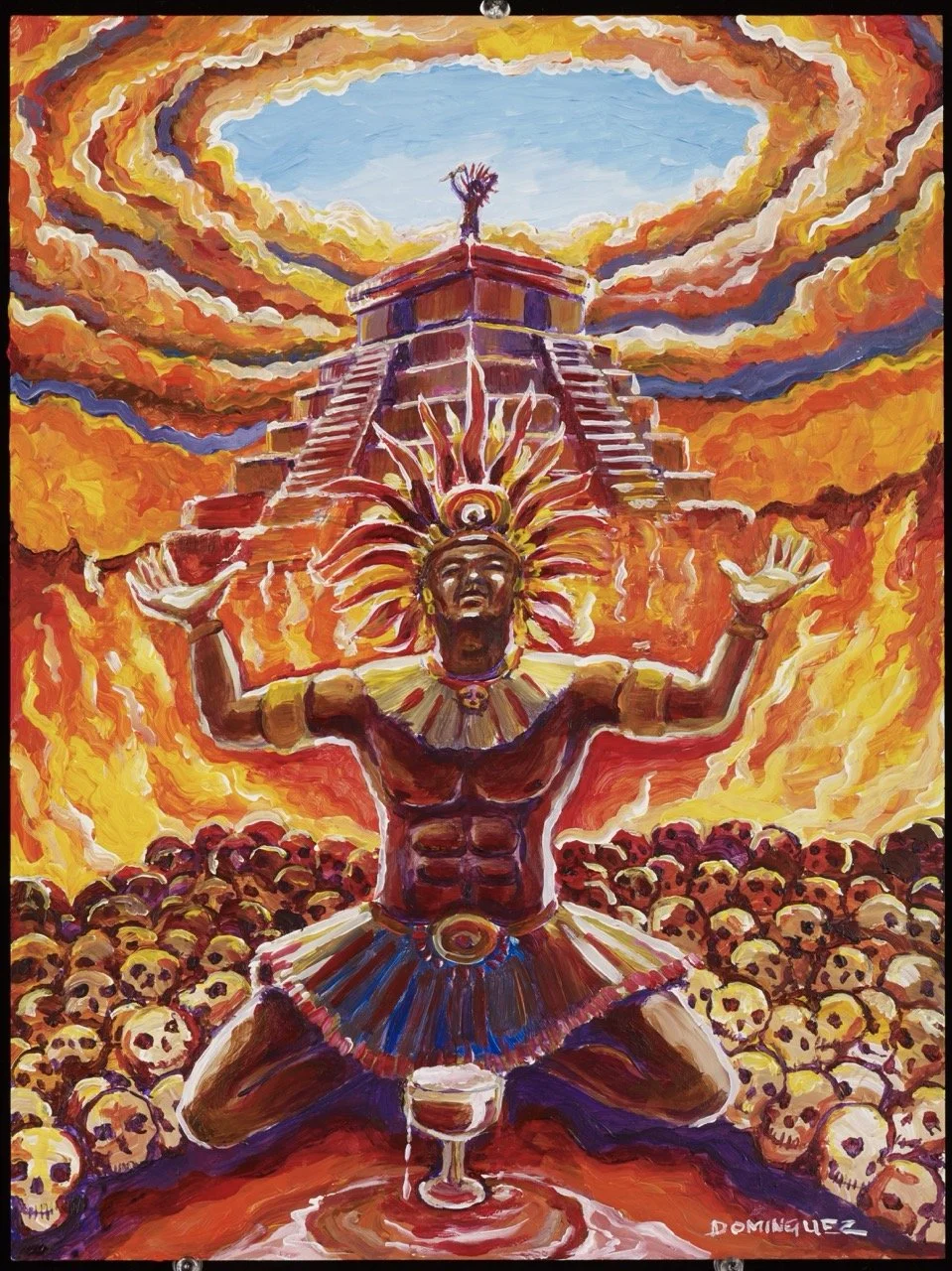 A colorful painting of a warrior with an elaborate headdress, kneeling with arms raised among skulls. In the background, a pyramid and a sky with swirling clouds and a small figure at the top.