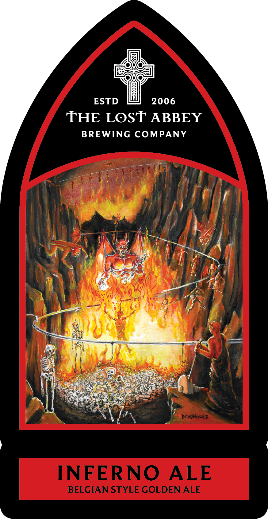 A beer label for Infernale, a Belgian style golden ale by The Lost Abbey Brewing Company. The label features a fiery, inferno-themed illustration with skeletons, demons, and flames inside a cave, with a figure playing a guitar or similar instrument on the right.