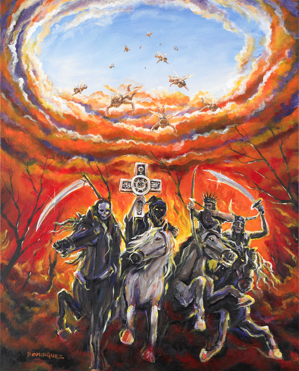 A painting depicting four dark, armored figures riding horses through a fiery, apocalyptic landscape with leafless trees and dark smoke. They are armed with swords and a cross, with a background sky filled with swirling clouds and flying creatures. A