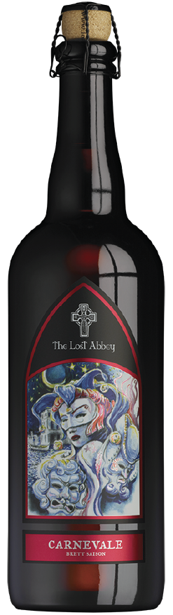 A dark glass bottle of wine with a cork, featuring a colorful label depicting a fantasy scene with a woman, a dragon, and a castle, labeled 'The Lost Abbey Carvevale Brett Saison'.