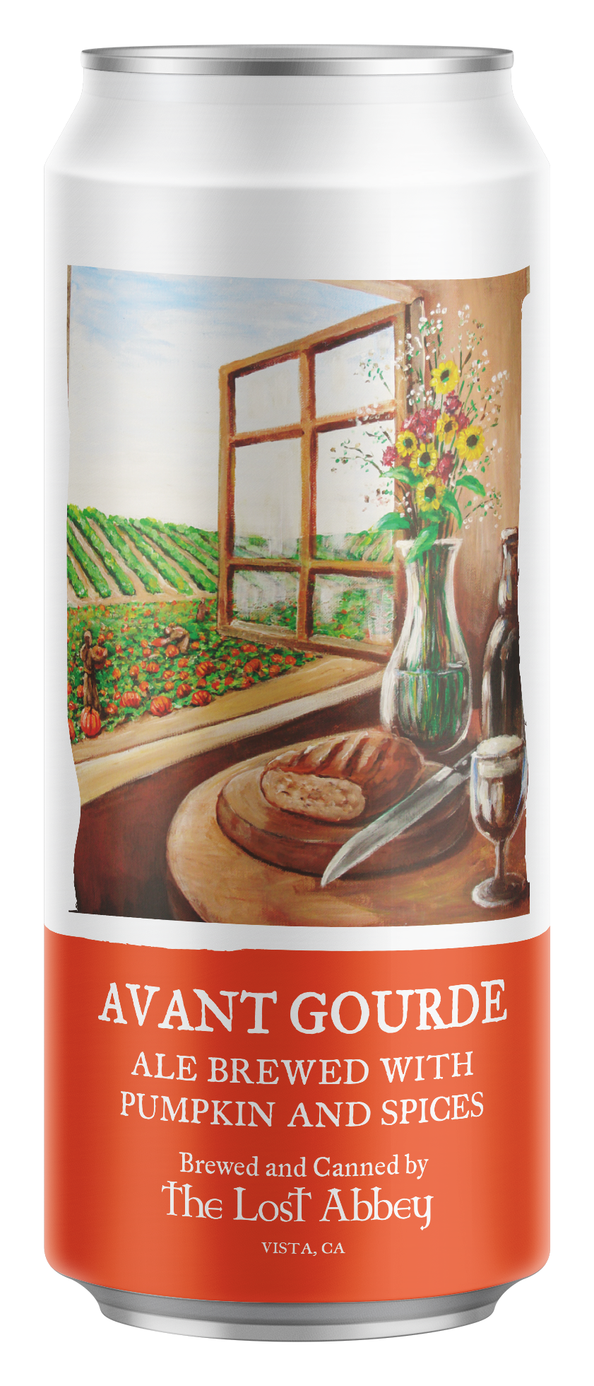 A can of Avant Gorde pumpkin and spice ale with artwork of a farm scene, open window, and a table with bread and a glass of beer.