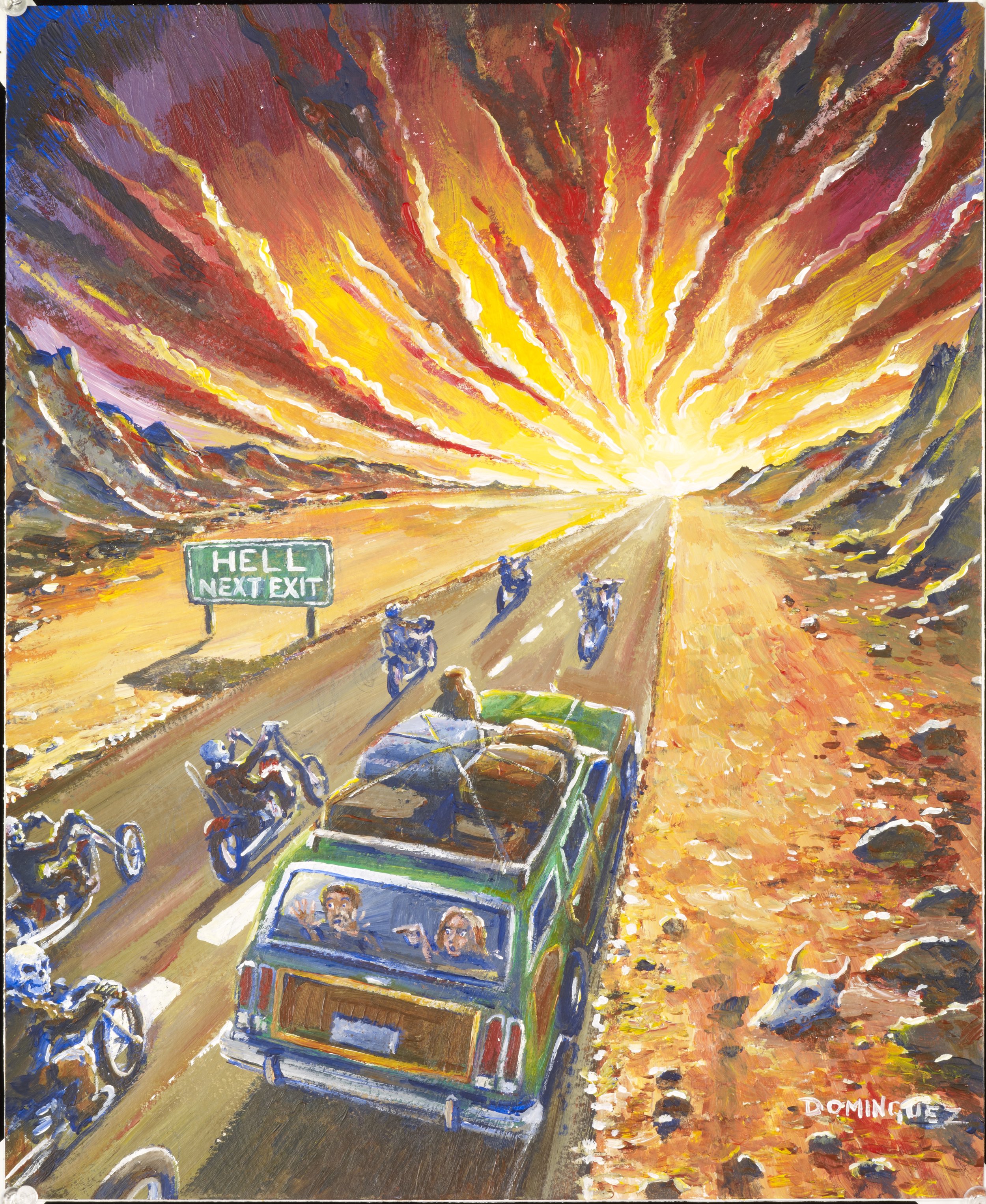 A colorful painting depicting a sunset or explosion in the sky with rays of yellow, orange, and red. A green road sign reads 'HELL NEXT EXIT.' A convoy of vehicles and motorcycles are traveling along a desert-like road past a skull and a goat skull o