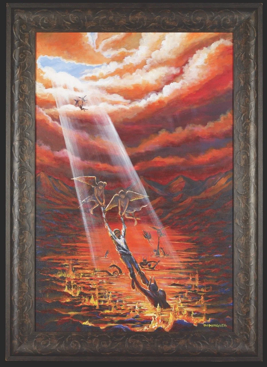 An oil painting depicting a fiery, apocalyptic scene with a waterfall of light breaking through dark, stormy skies. In the foreground, angels are rescuing a man from a burning environment, with some angels flying and others helping the man escape. Th