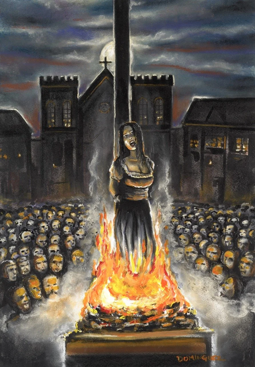A painted scene of a woman tied and standing on a platform engulfed in flames, with a crowd of skull-faced figures surrounding her. The background features dark buildings and a church with a cross, under cloudy skies with the moon visible.